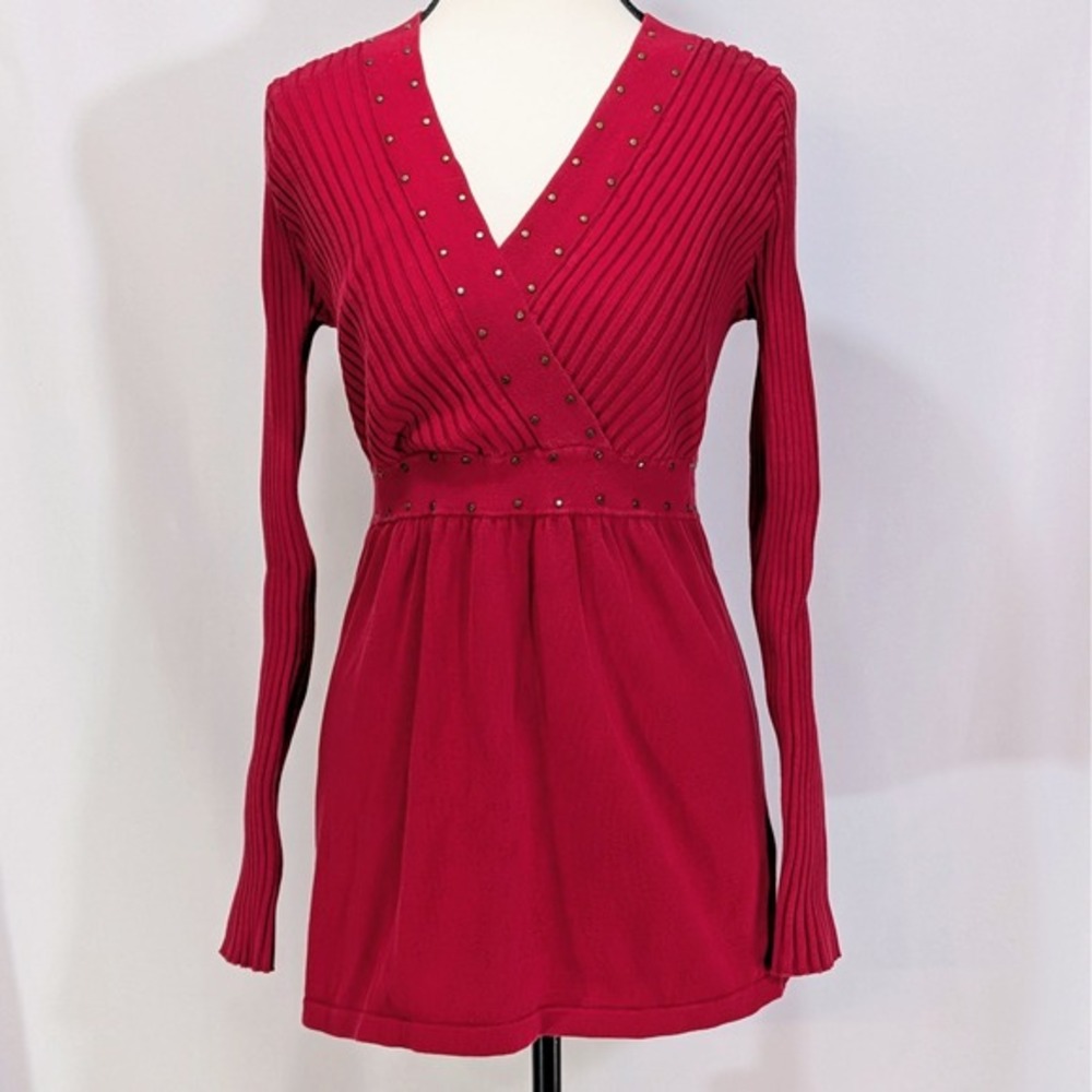 Tracy M Red Boho Y2K Studded Ribbed Knit Empire Waist Sweater Top Size Small